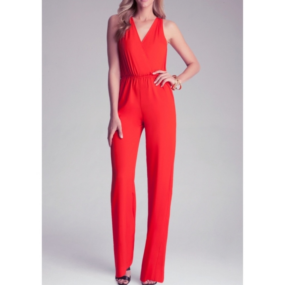 Bebe Red Solid Open Back Jumpsuit